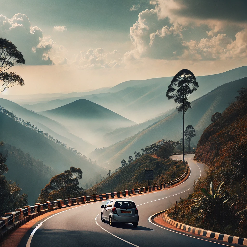 Car driving through the lush green winding roads from Bangalore to Kodaikanal.