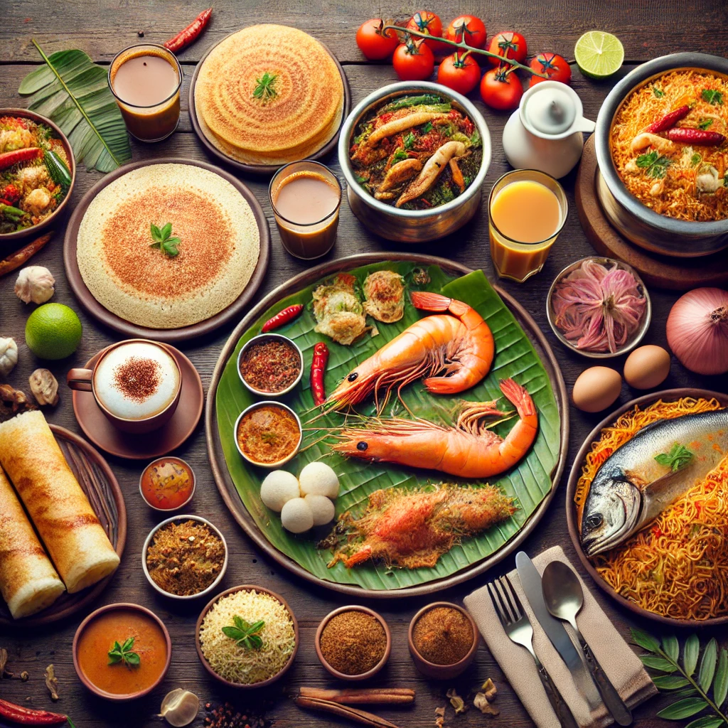 A delicious spread of Chennai's best food, including dosa, biryani, seafood, and traditional meals.