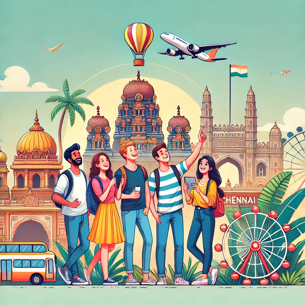 A group of friends and family exploring Chennai's famous landmarks, enjoying local food and taking photos.