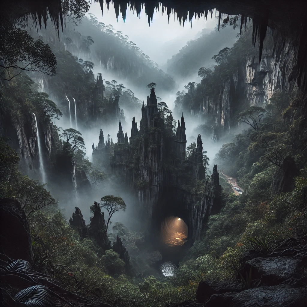 Mysterious Guna Cave (Devil’s Kitchen) surrounded by dense forest and mist.