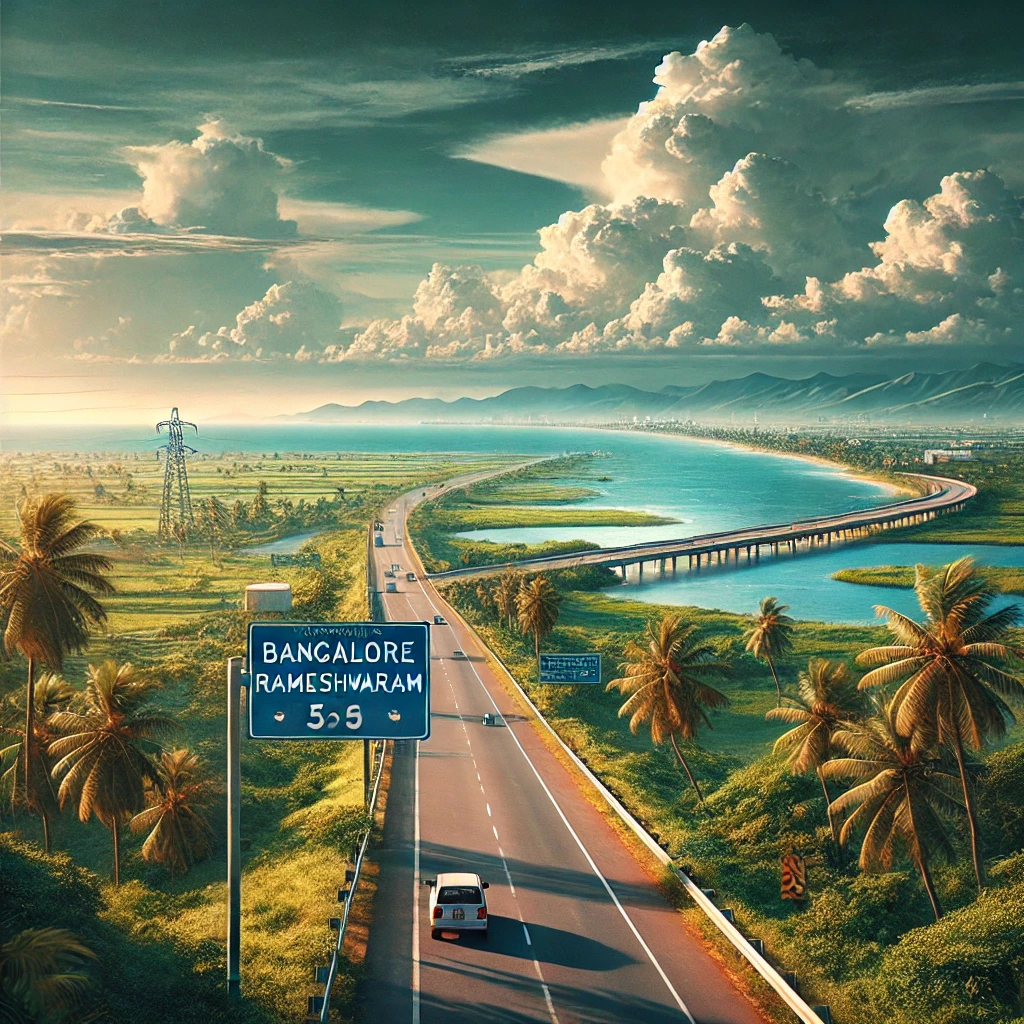 Highway route from Bangalore to Rameshwaram with lush landscapes and distant sea view.