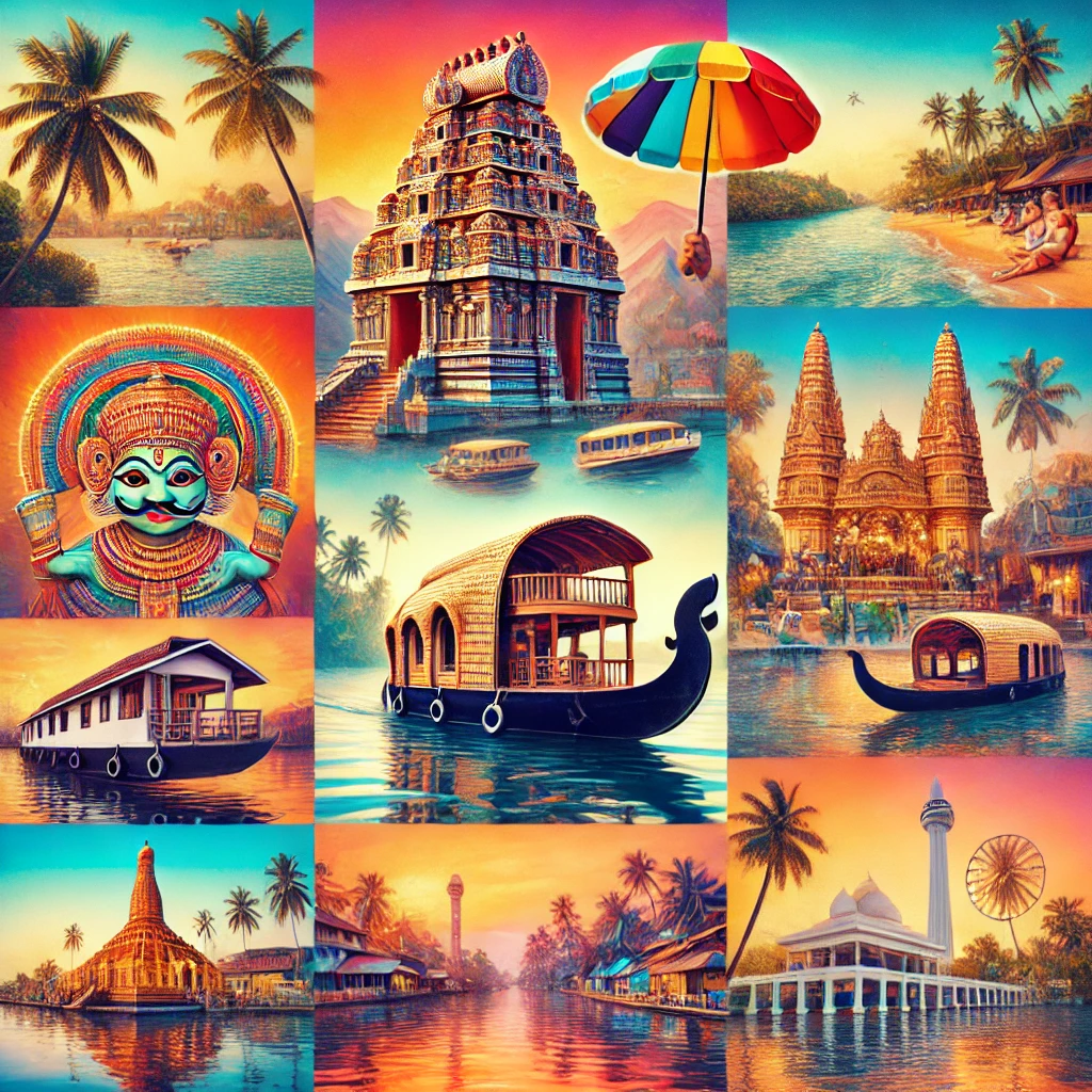 Collage of Alleppey’s top attractions including backwaters, temples, and famous beaches.