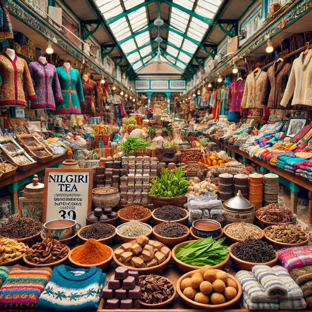 A lively local market in Ooty with stalls selling chocolates, tea, and spices.