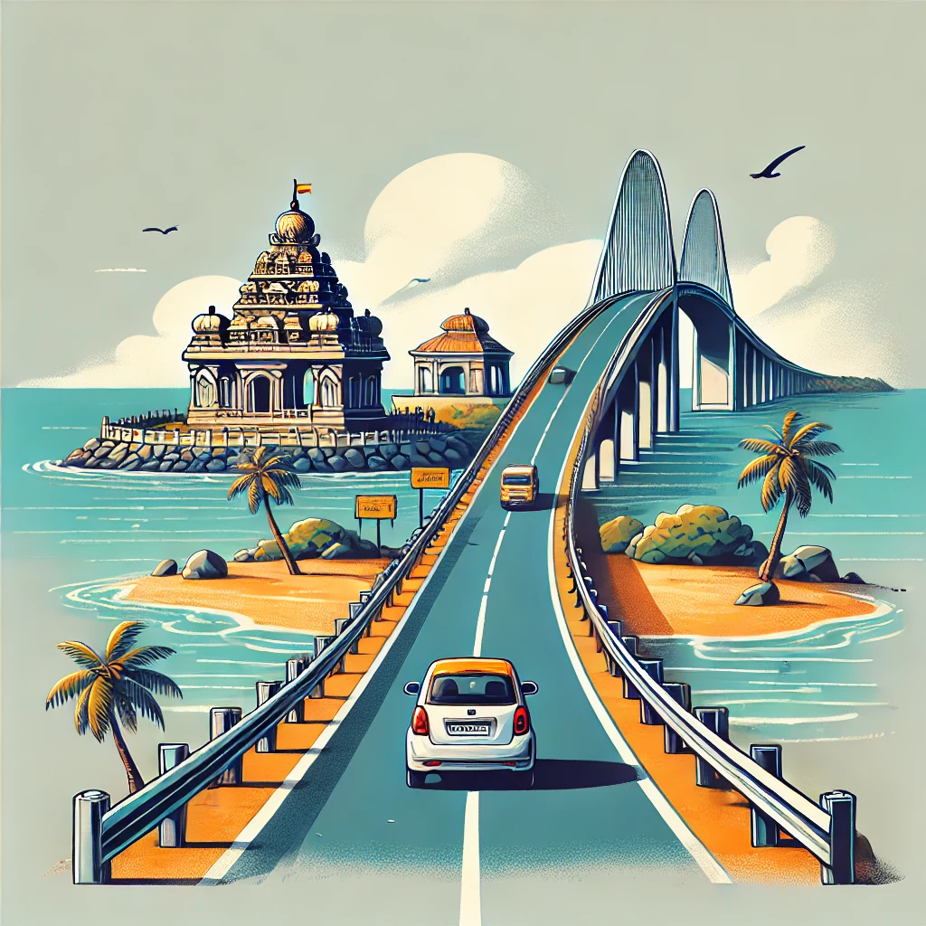 Scenic road trip from Kanyakumari to Rameshwaram featuring the coastal highway and Pamban Bridge.