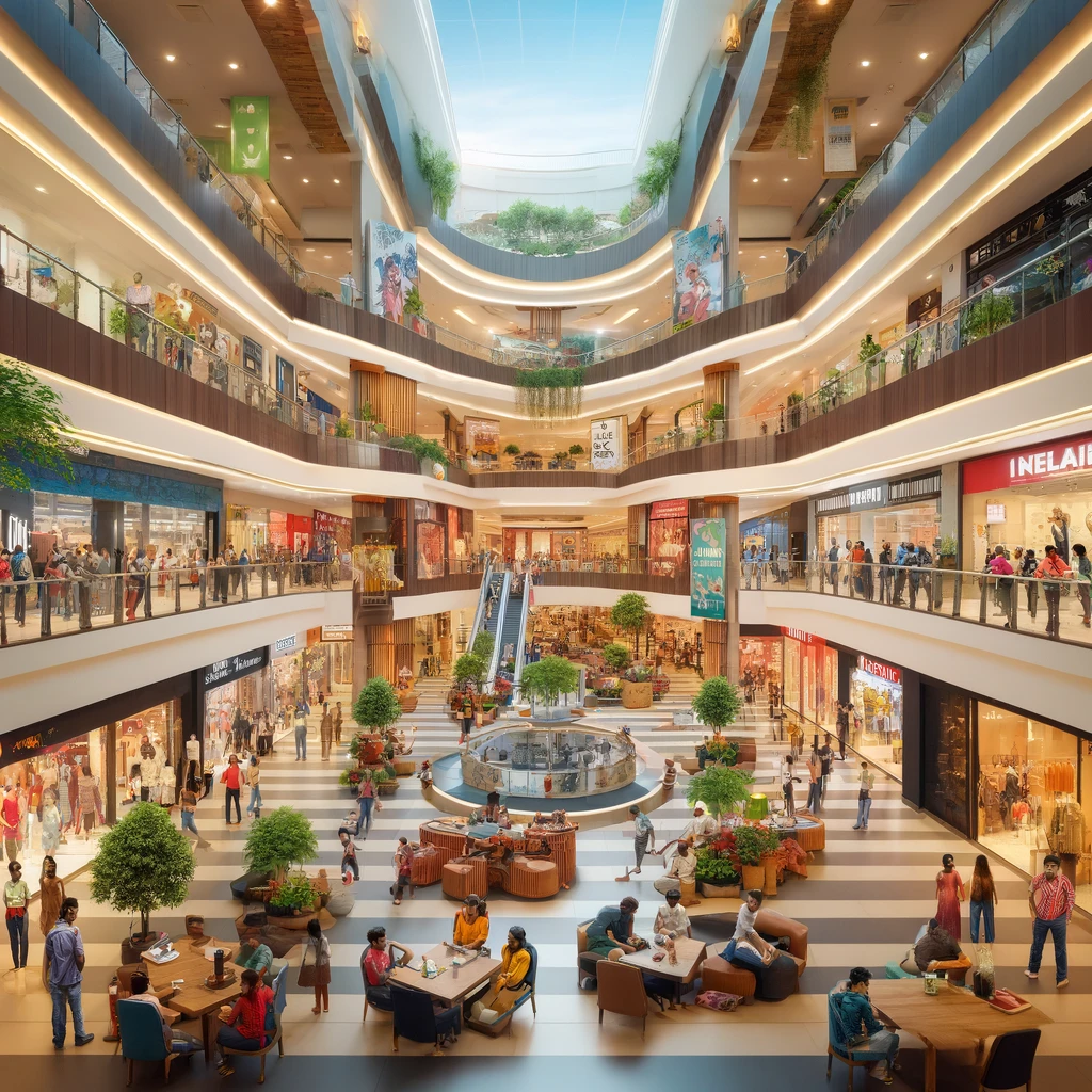 A lively shopping mall in Coimbatore with stores, food courts, and entertainment.