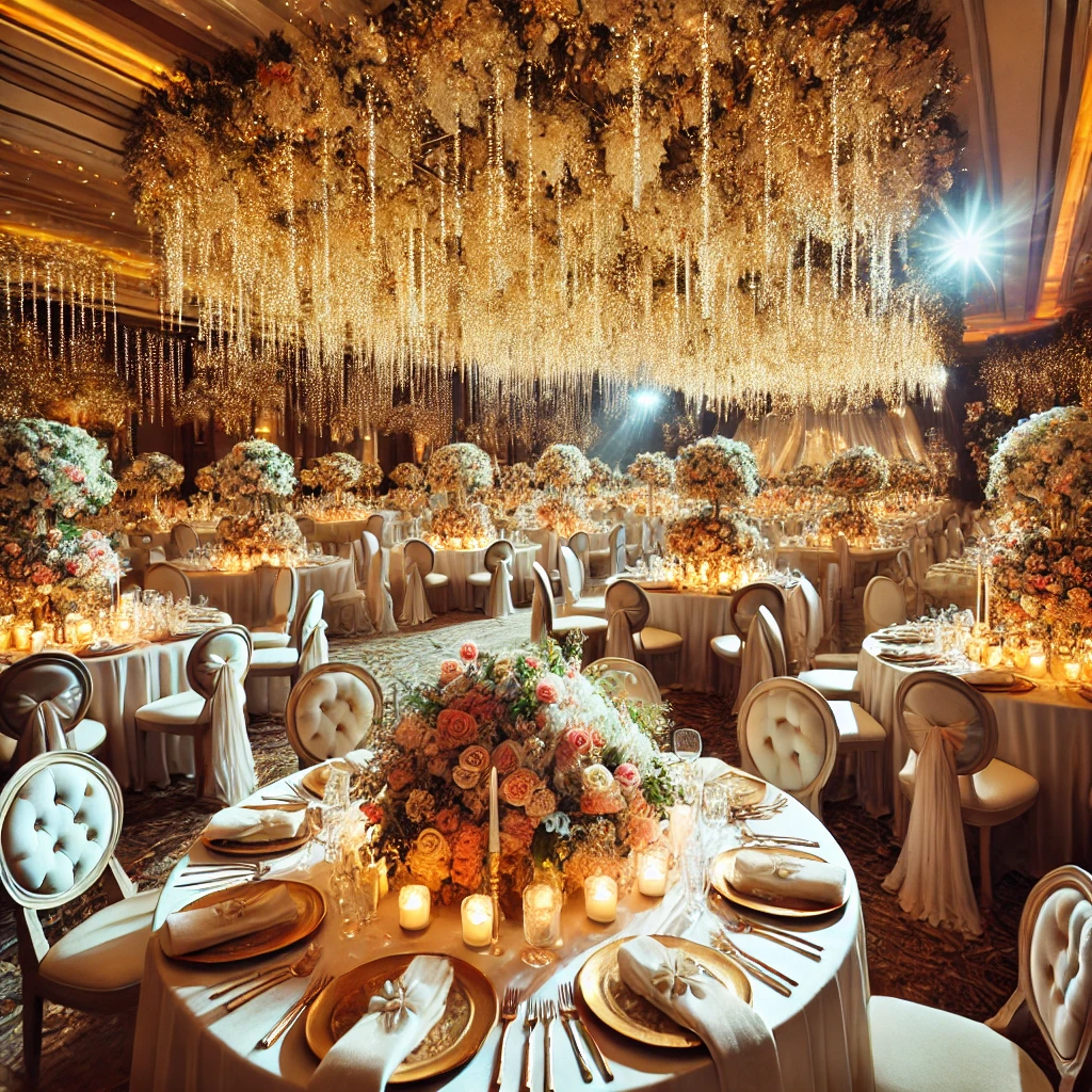 Beautifully decorated wedding venue in Kochi, featuring floral arrangements, fairy lights, and an elegant luxury wedding setup.