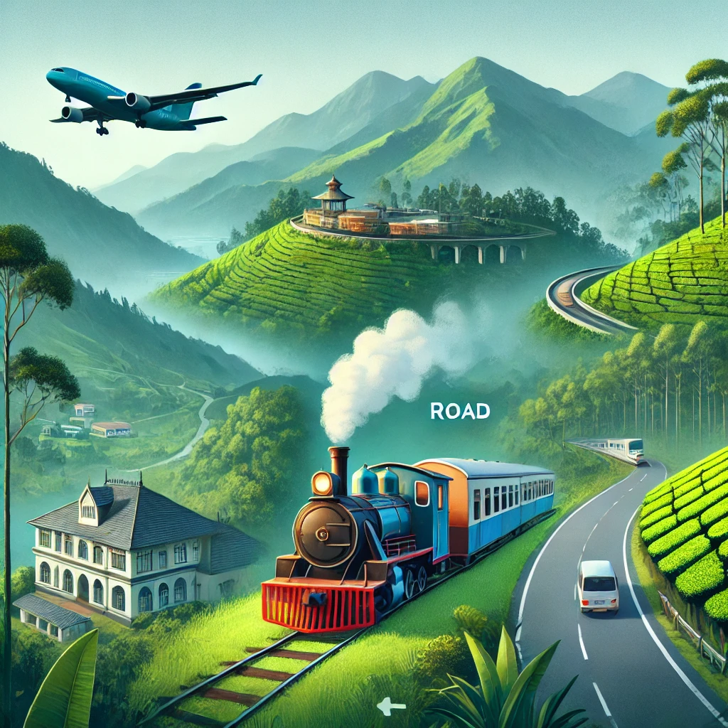 Scenic transportation options in Coonoor, including a toy train, winding roads, and lush hills.