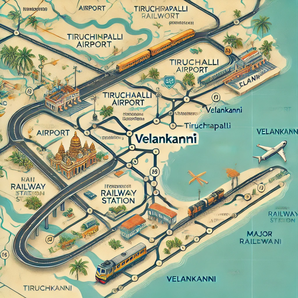 A detailed Velankanni travel route map showing connectivity via air, train, and road.