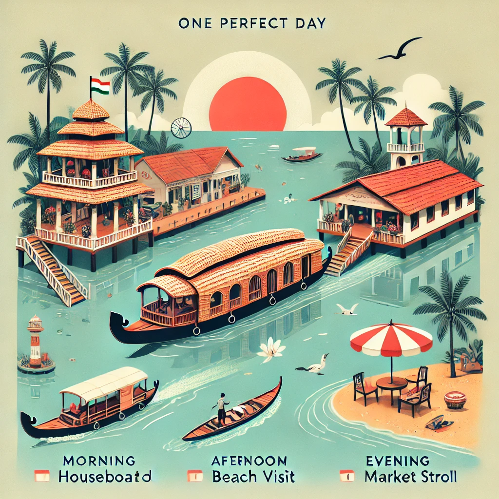 Travel itinerary infographic for spending one perfect day in Alleppey with must-visit spots.