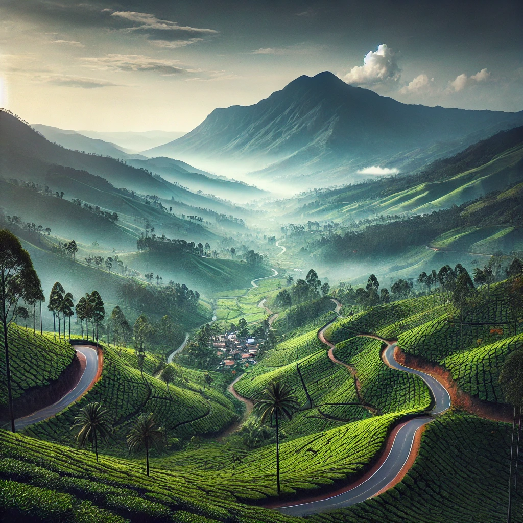 Breathtaking view of Munnar hills with lush green tea plantations, misty mountains, and winding roads through the valley.