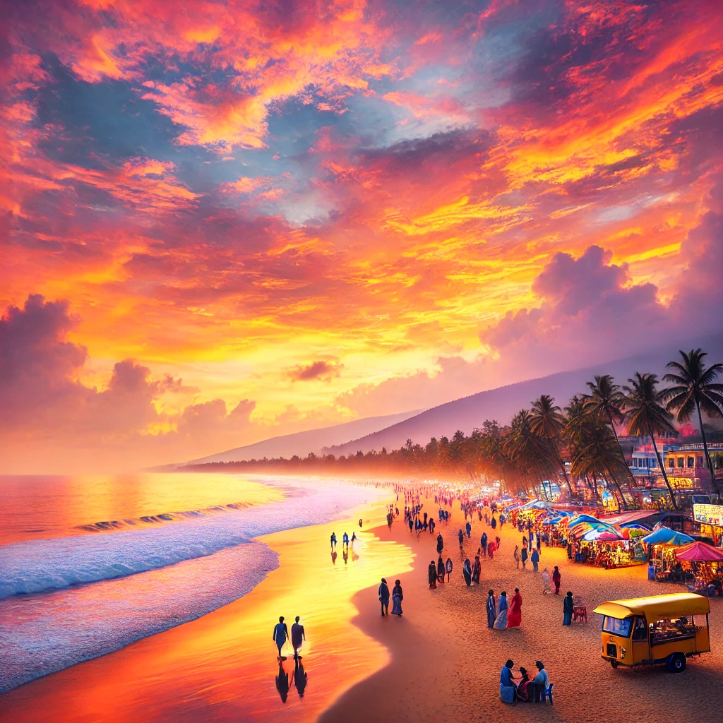 Kozhikode Beach sunset view with people walking and food vendors