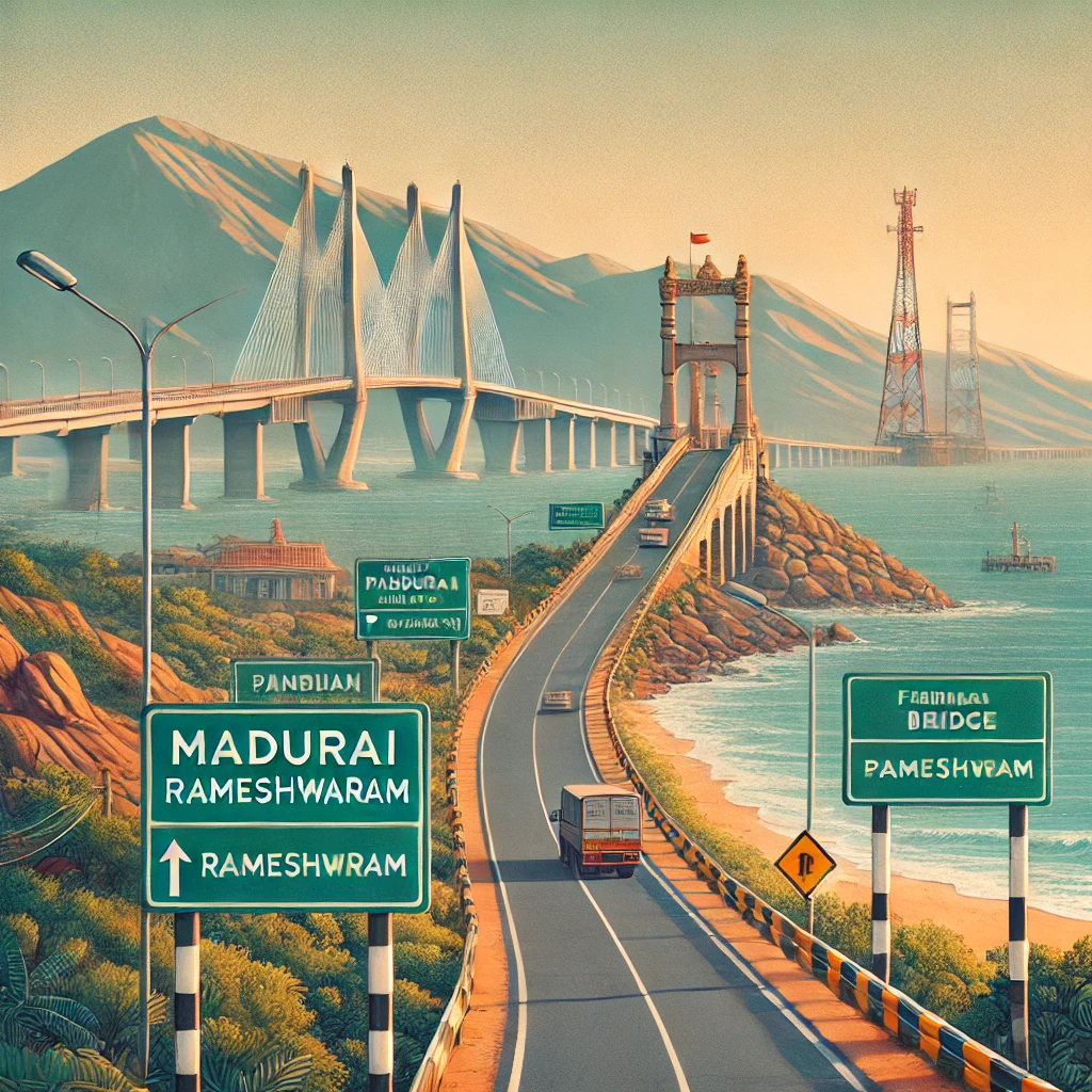 Scenic route from Madurai to Rameshwaram with road signs and Pamban Bridge in the background.