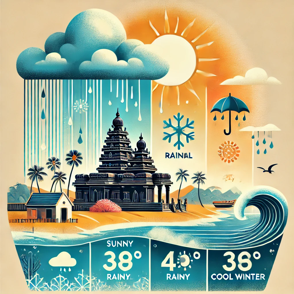 Weather chart displaying Mahabalipuram’s seasonal temperatures and conditions.