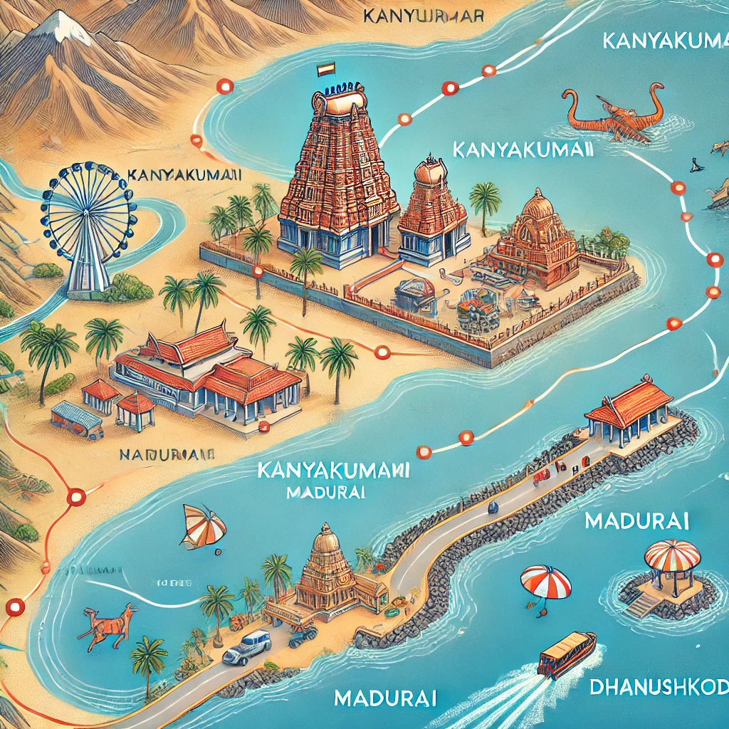 Illustrative travel map highlighting nearby attractions from Rameshwaram.