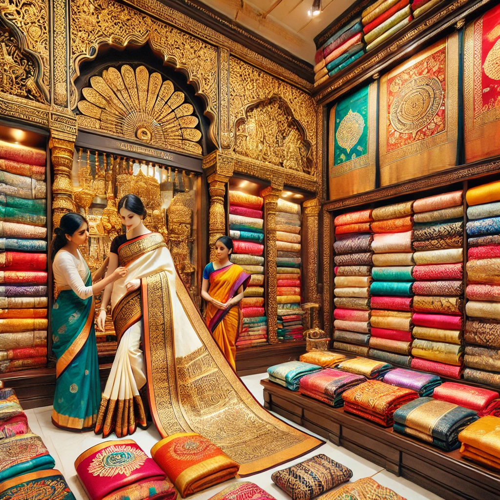 A vibrant collection of Kanchipuram silk sarees with rich gold zari borders in a traditional shop.