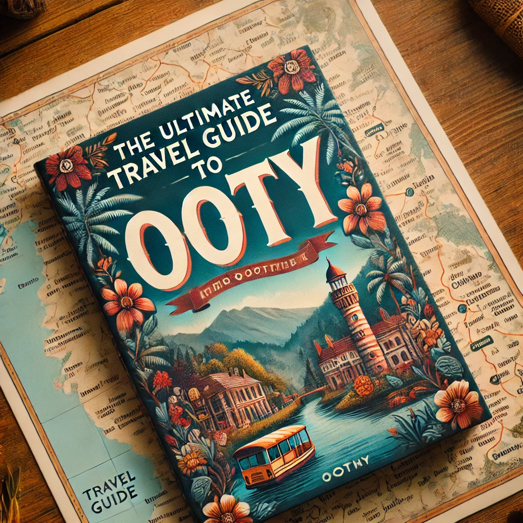 A travel guidebook titled 'The Ultimate Travel Guide to Ooty' on a wooden table.