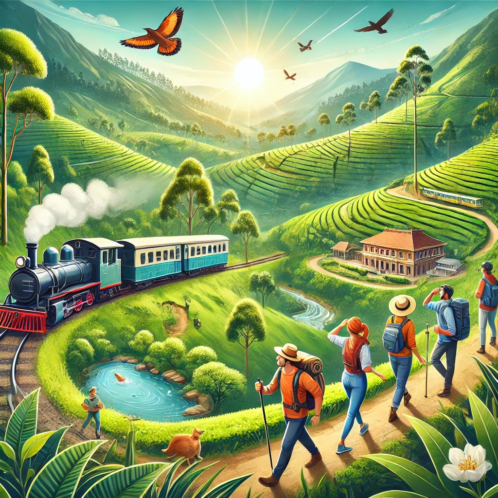 Tourists exploring Coonoor’s attractions, trekking, and enjoying a toy train ride.