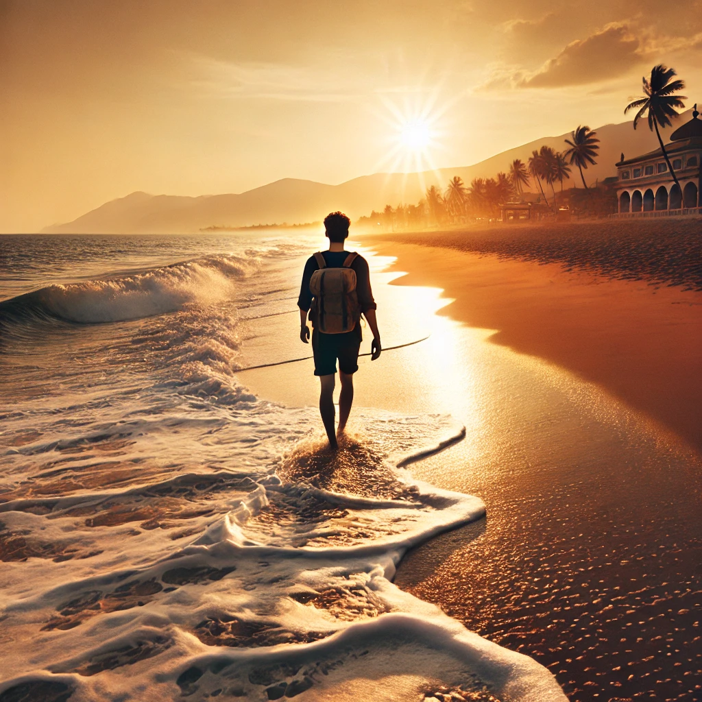 A traveler exploring Velankanni Beach, capturing the serene coastline.
