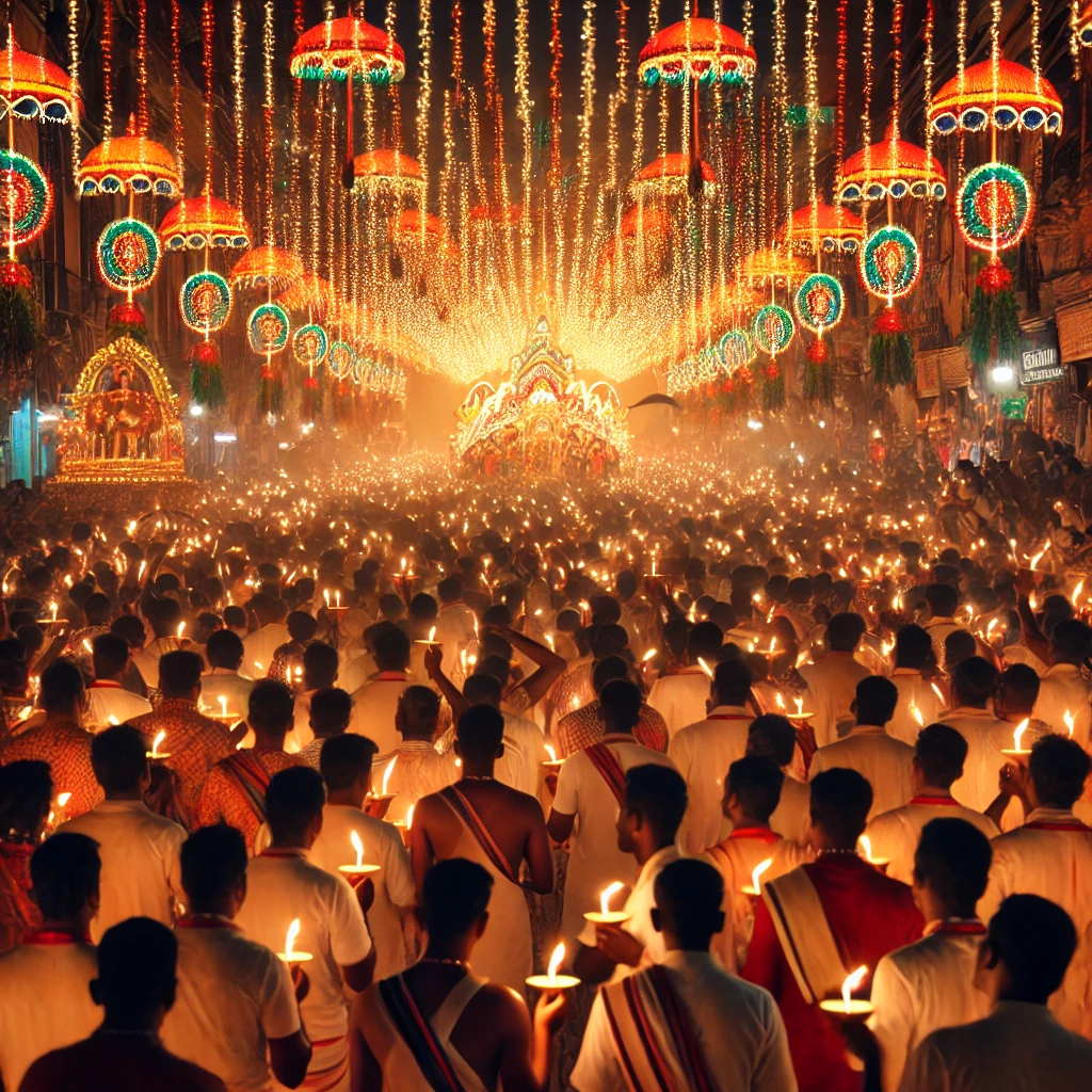 A vibrant Velankanni Festival procession, with devotees carrying candles in prayer.