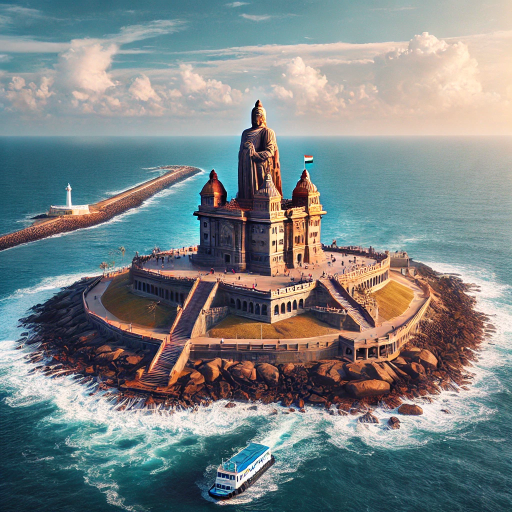 Vivekananda Rock Memorial standing on an island with ocean waves crashing around, a popular Kanyakumari attraction.