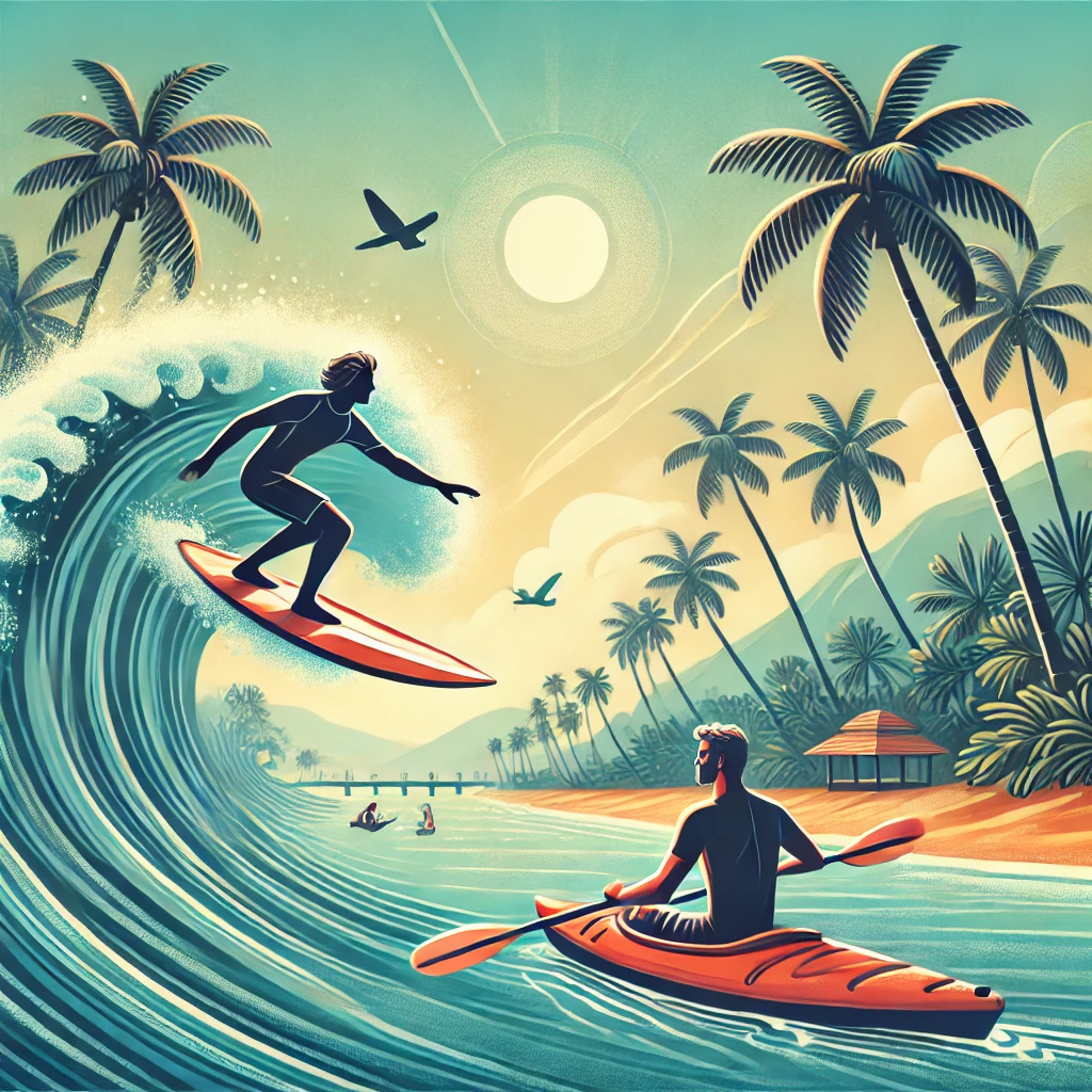 Traveler surfing in Varkala and kayaking through palm-lined backwaters