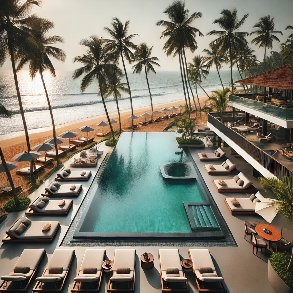 Luxury Varkala beach resort with ocean-view infinity pool, palm trees, and sunbeds