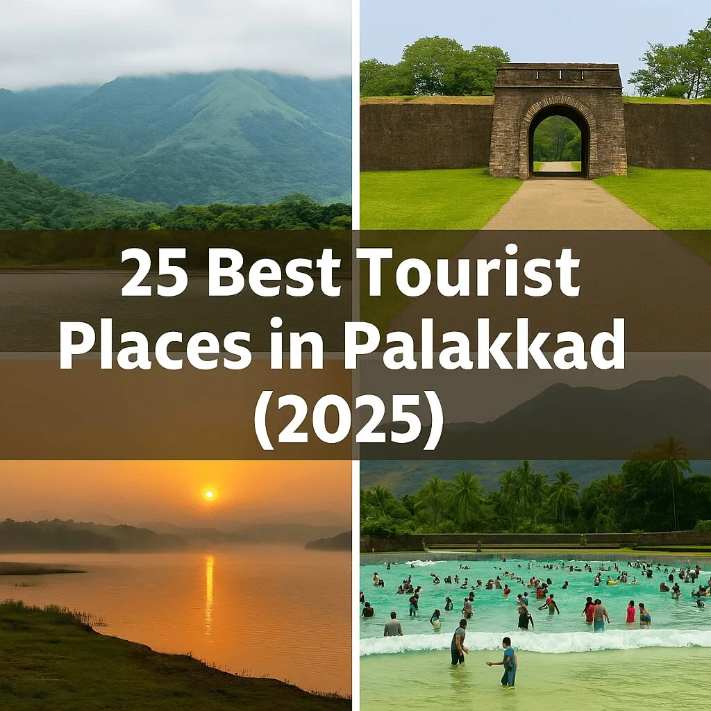 Digital composite image titled "25 Best Tourist Places in Palakkad (2025)" featuring misty hills, Palakkad Fort, Kava sunrise, and a wave pool scene.