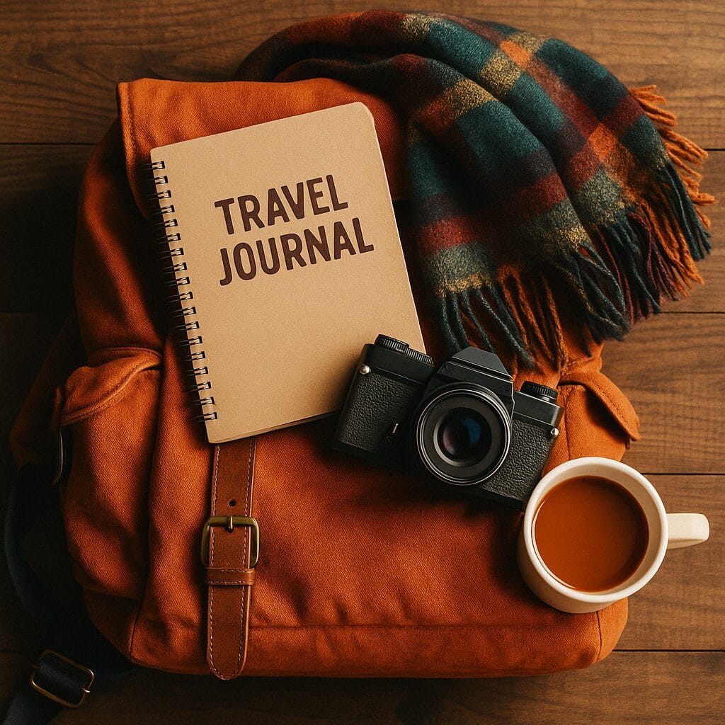 Travel essentials—a canvas backpack, camera, plaid scarf, and tea mug—arranged neatly on a rustic wooden surface.