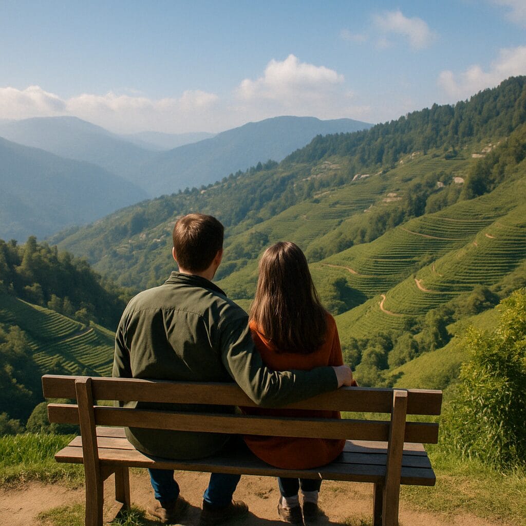A couple sits close together on a wooden bench overlooking lush, terraced tea hills and distant mountains.