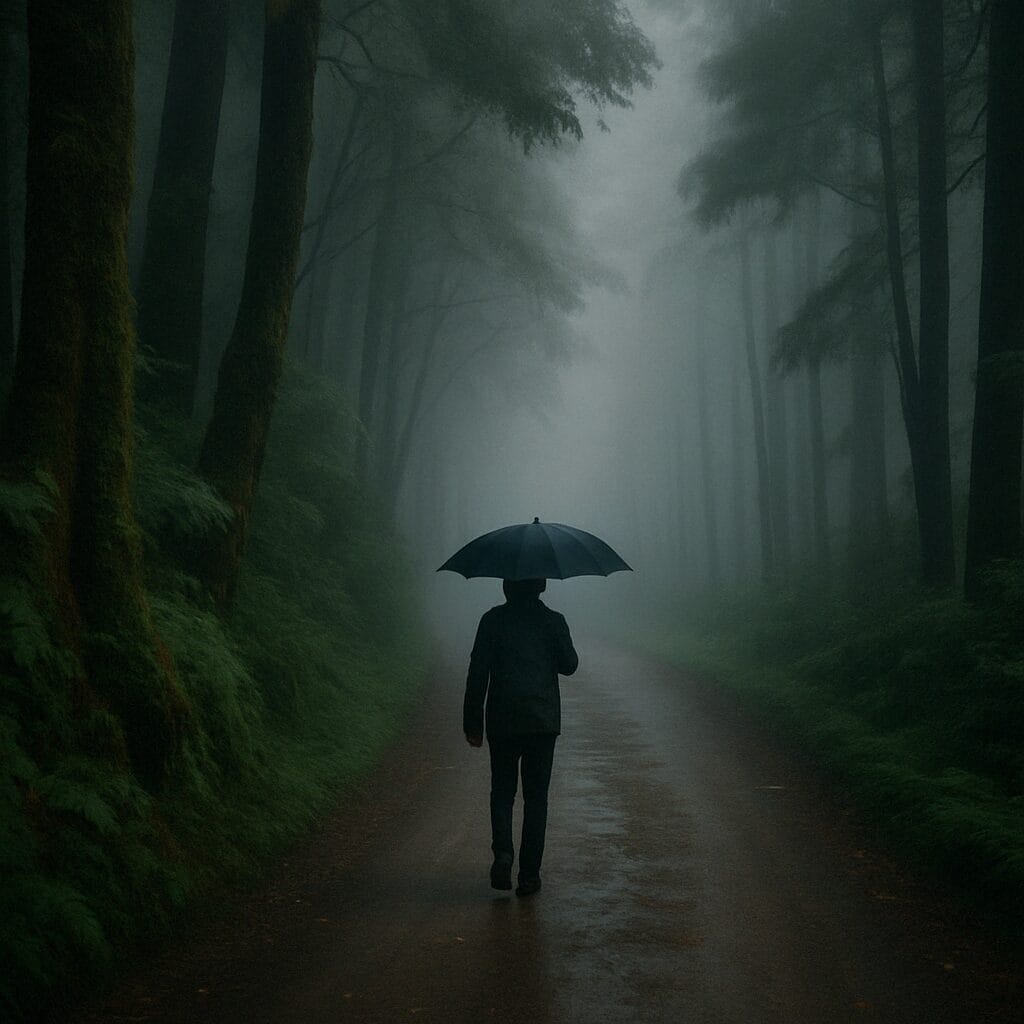 A person with an umbrella walks into a foggy forest on a muddy trail flanked by mossy trees and dense vegetation.