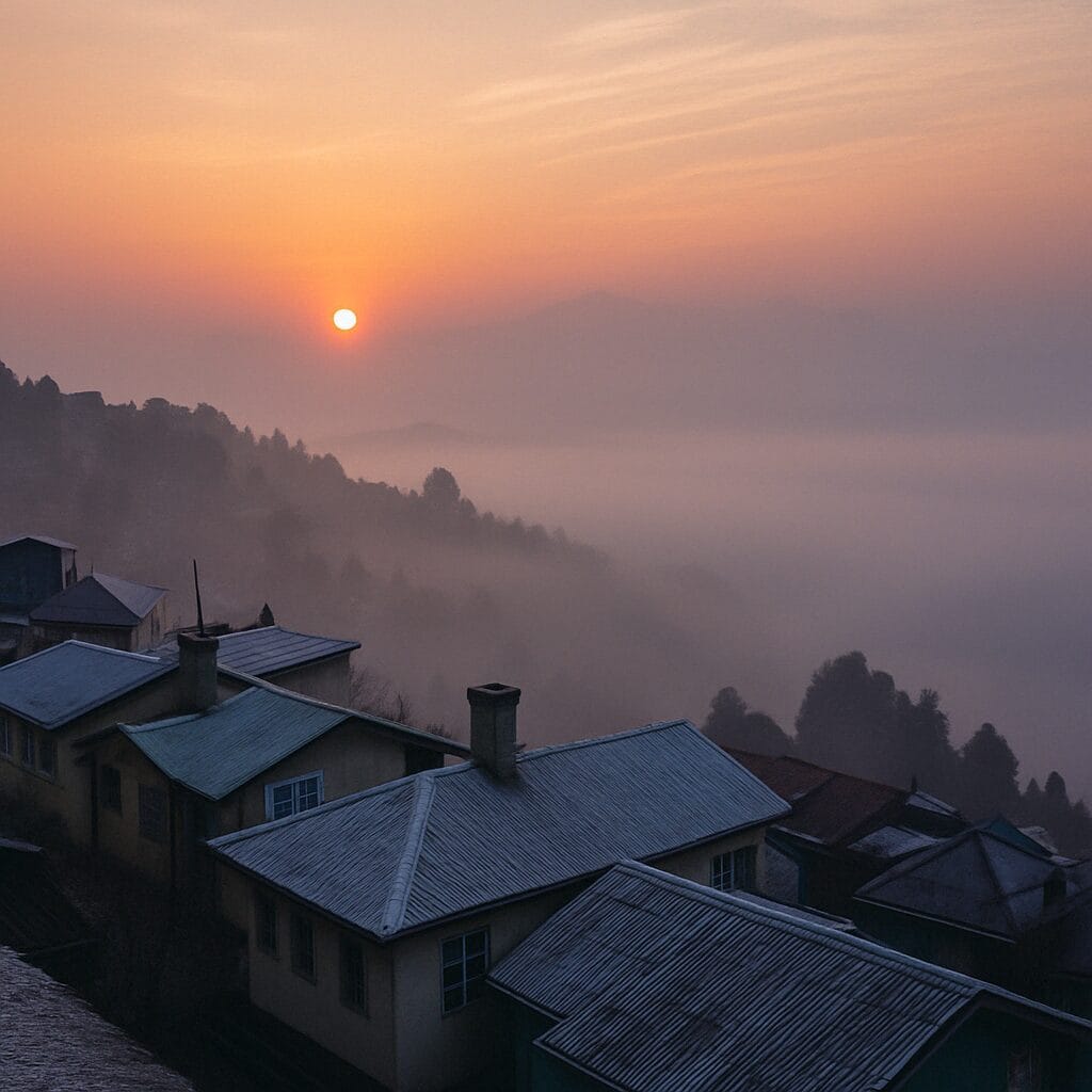 A golden sunrise lights up snow-capped peaks as rooftops in Darjeeling shimmer with frost in the early morning.