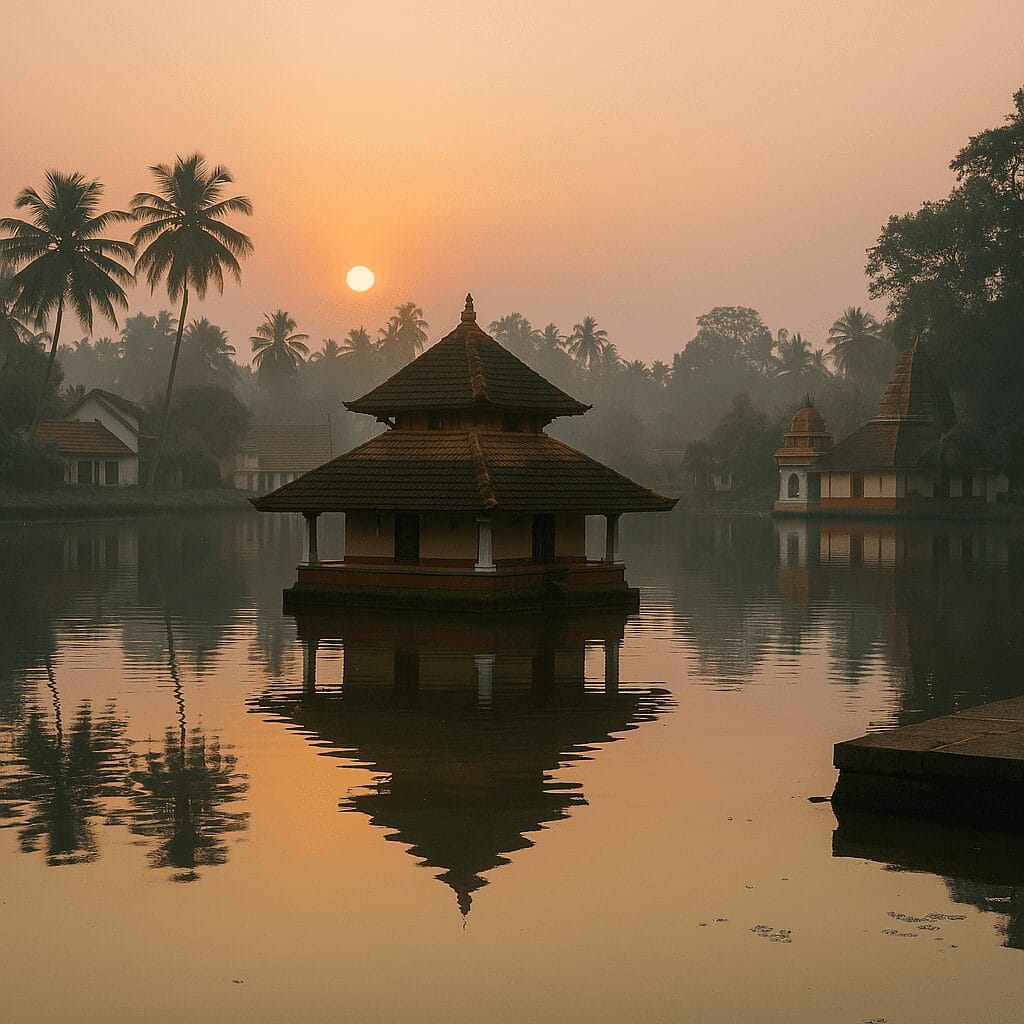 A peaceful sunrise over a traditional temple pond in Kidangoor village, with golden light reflecting on the still water, surrounded by palm trees and soft morning mist.
