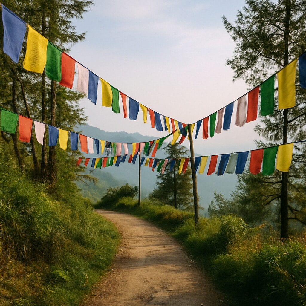 A quiet mountain trail in Darjeeling lined with fluttering colorful prayer flags and misty hills beyond.