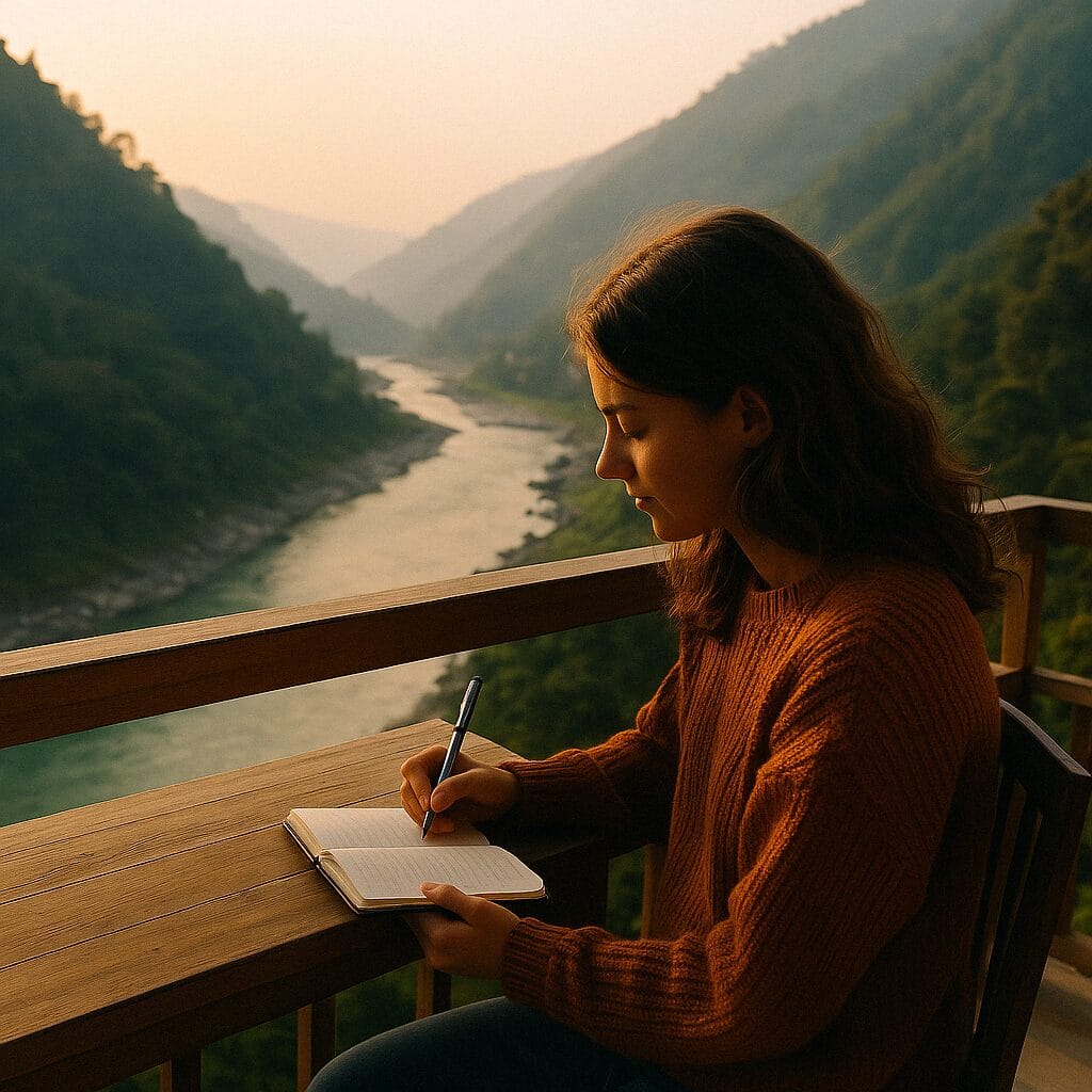 A young woman writes in a travel journal while seated on a wooden balcony above a scenic, winding river valley at sunset.