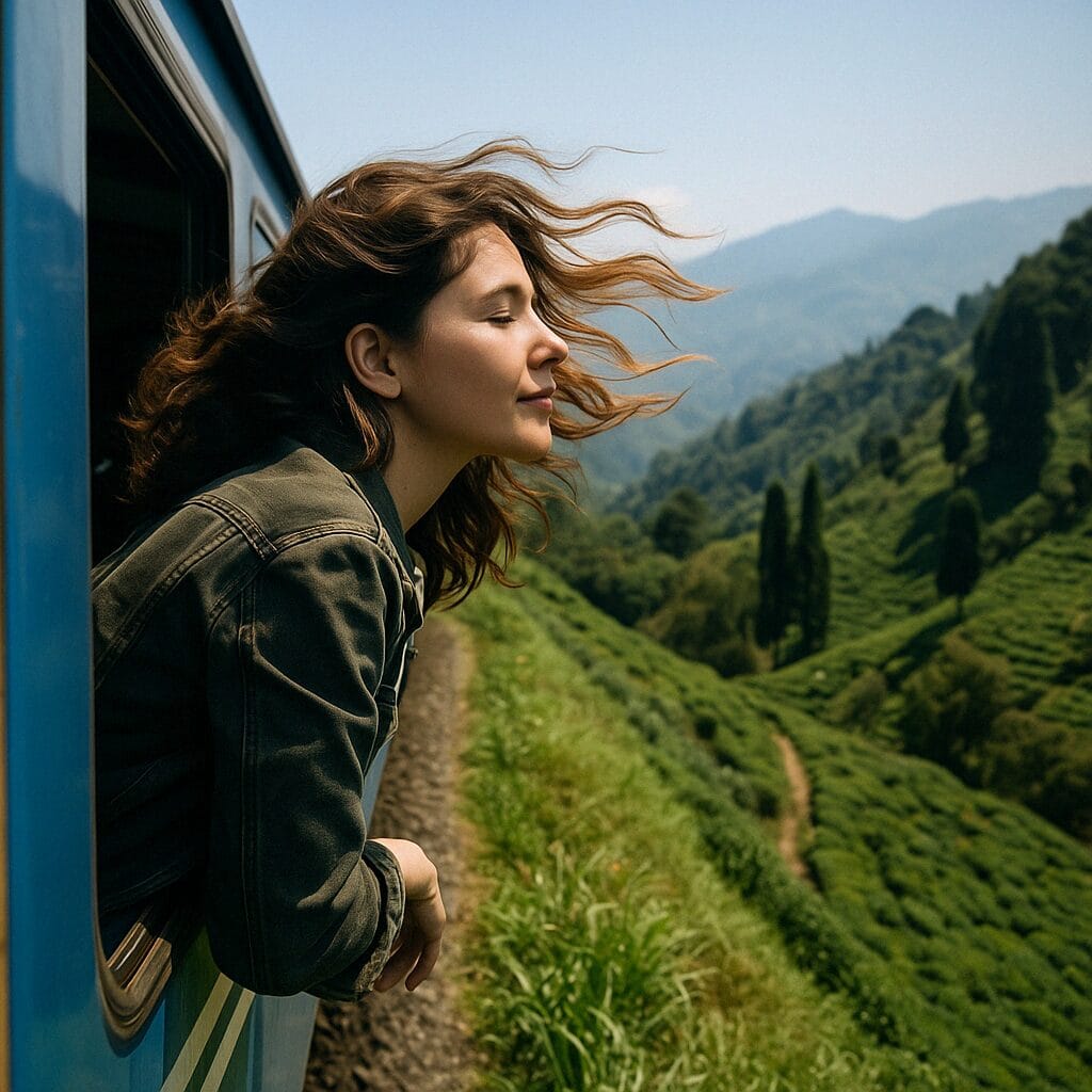 A young woman with wind in her hair leans out of a Darjeeling toy train window, surrounded by lush green hills.