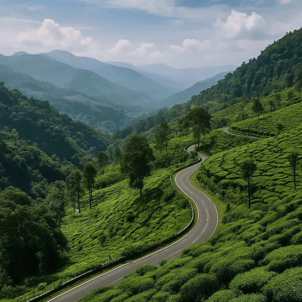 A winding mountain road cuts through lush green hills and tea plantations in Valparai, Tamil Nadu, with misty forests and sunlit slopes in the background.