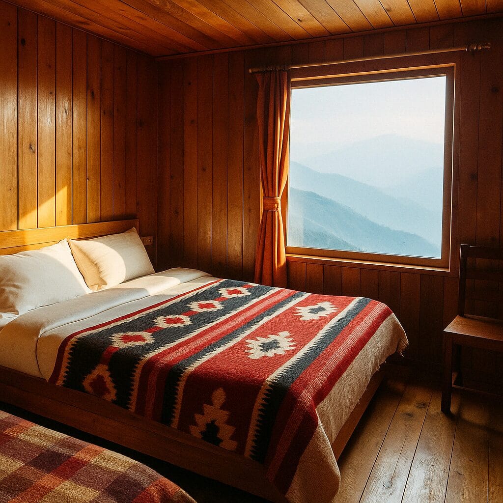 A cozy wooden room in a Darjeeling homestay features patterned wool blankets and a large window overlooking misty mountains.