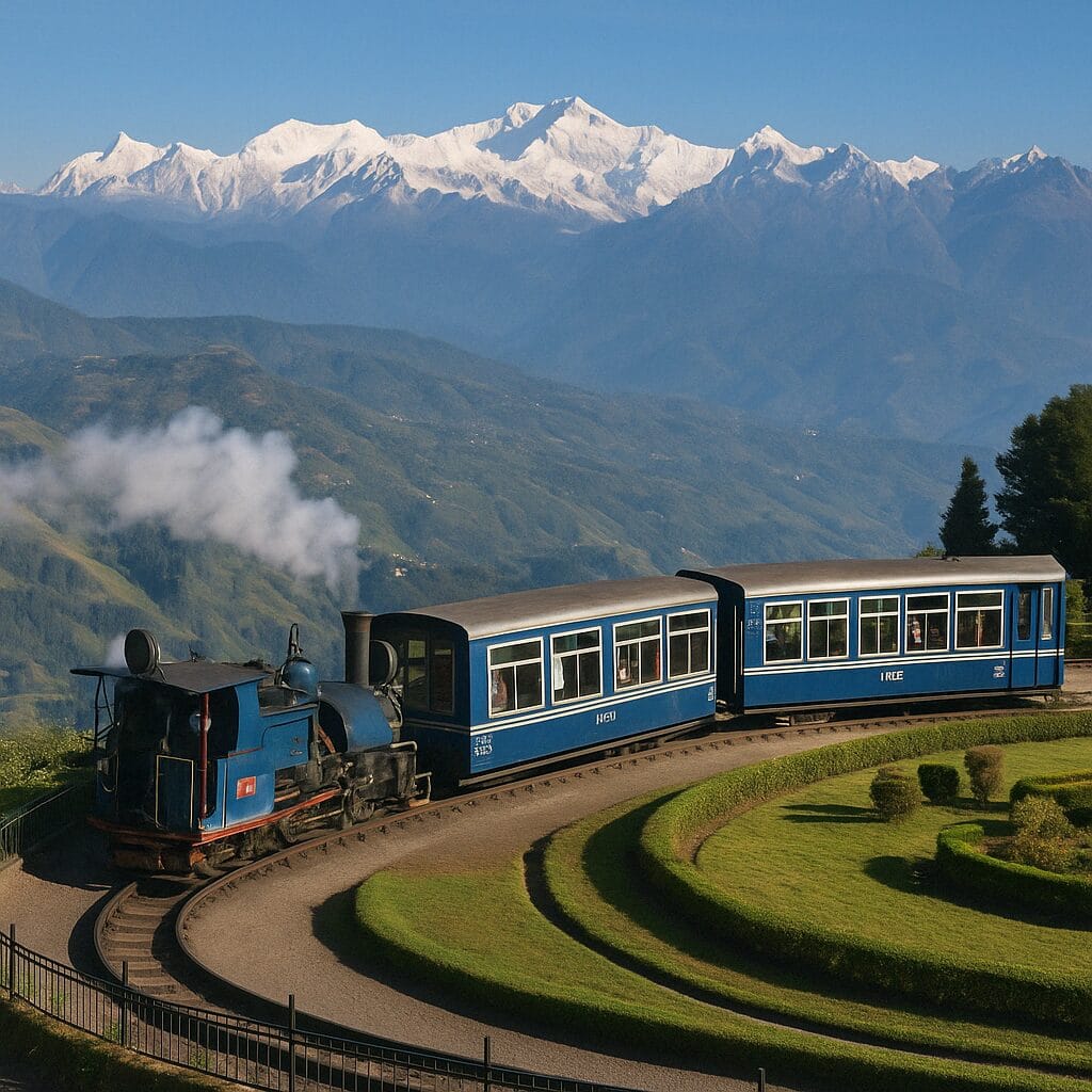A stylized promotional image of the Darjeeling Toy Train passing through lush hills with white overlay text promoting a guide.