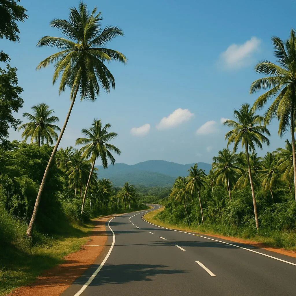 Winding road lined with tall palm trees leading toward distant green hills under a bright blue sky with scattered clouds.