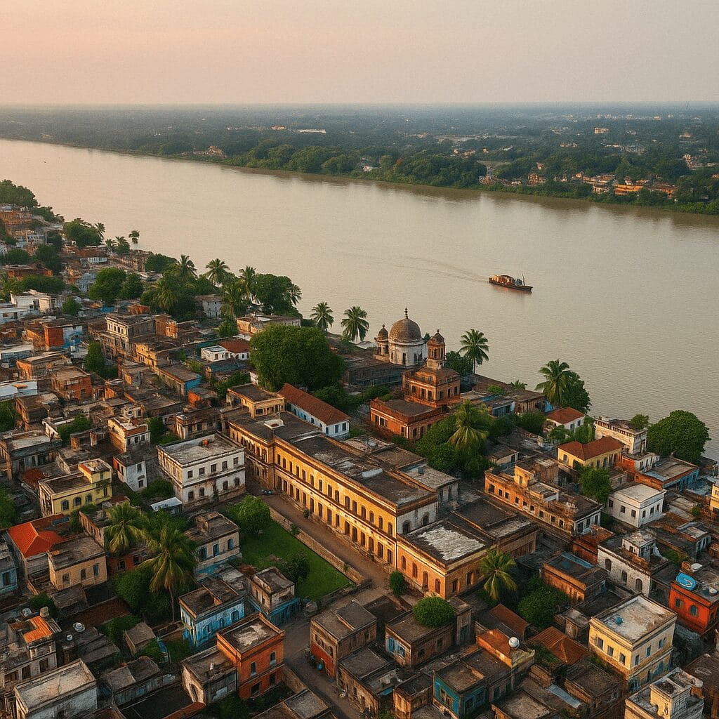 Aerial photo of Hooghly-Chinsurah with colorful colonial buildings and the Hooghly River flowing alongside.