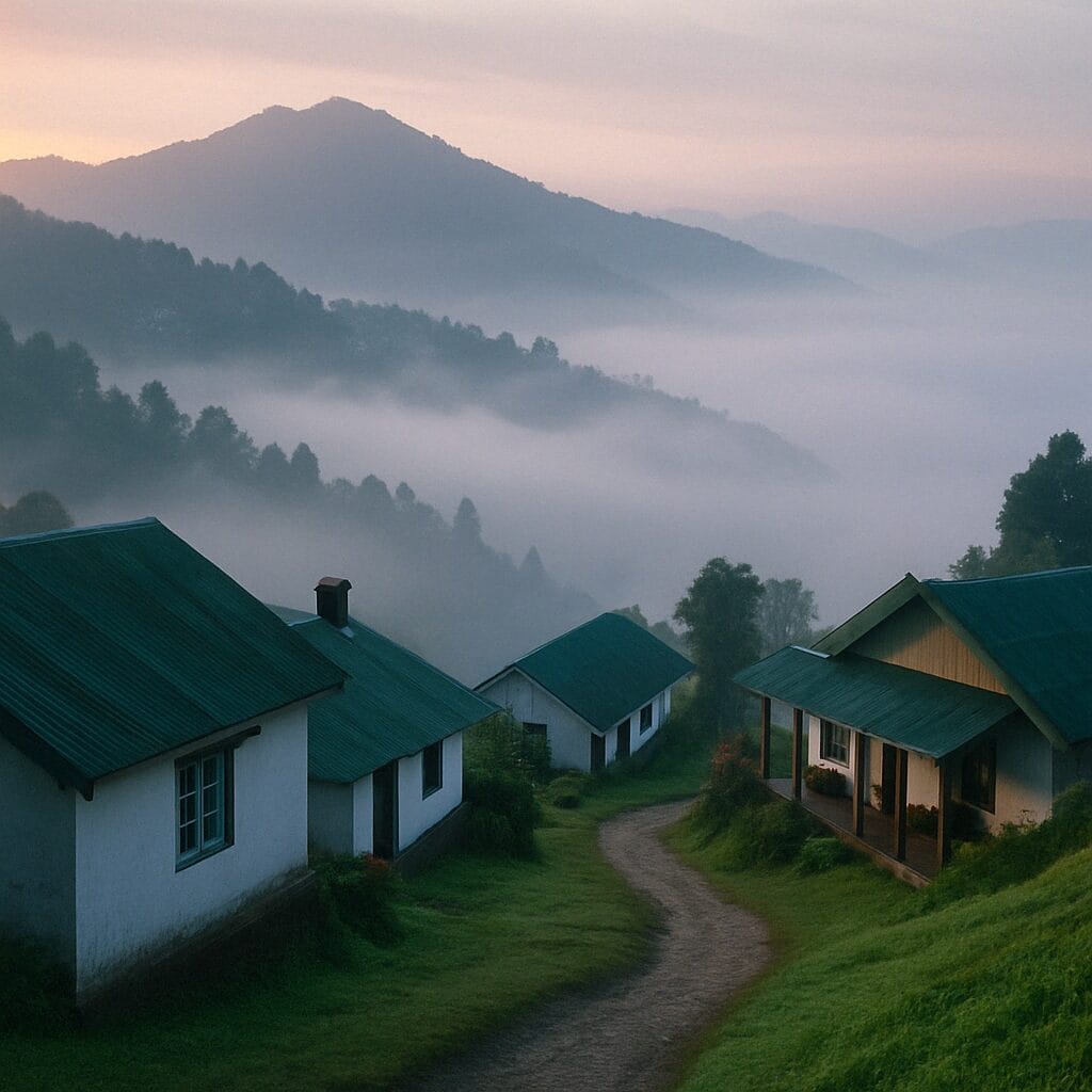Early morning mist surrounds quaint green-roofed cottages on a winding path with layered mountains behind.