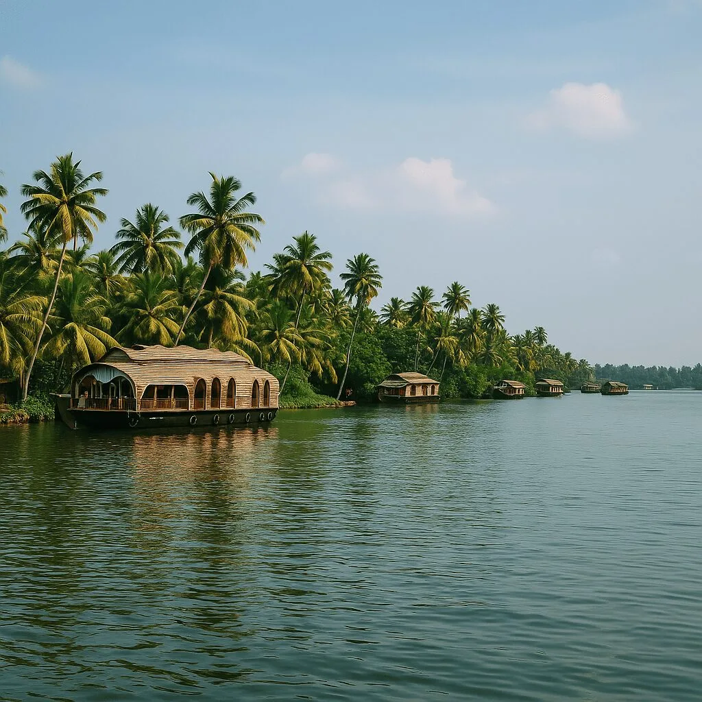 Traditional wooden houseboats floating on Ashtamudi Lake, surrounded by lush palm trees under a bright Kerala sky.