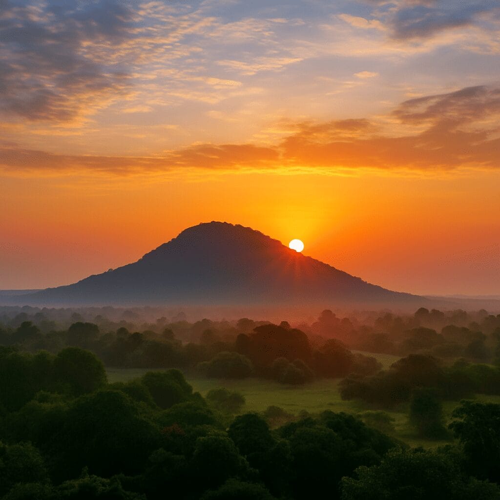 Golden sunrise over Susunia Hill in Bankura with warm light casting over misty forests.