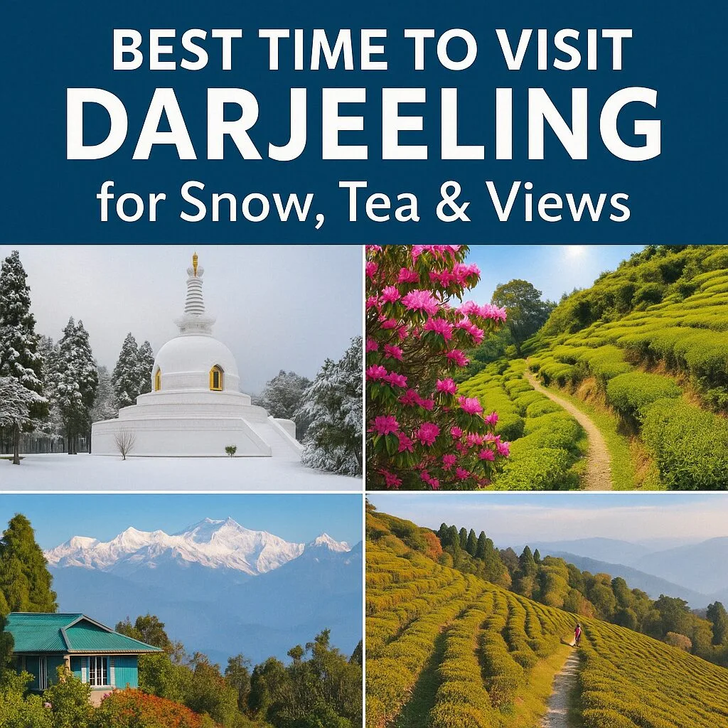 A creative digital collage showing seasons in Darjeeling—snowy peaks, tea gardens, prayer flags, and autumn colors with overlay text.