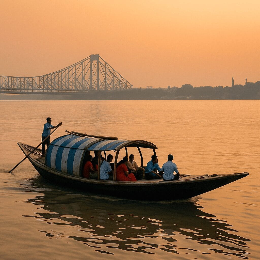 Group enjoying a boat ride on the Hooghly River with the Howrah Bridge in the background.