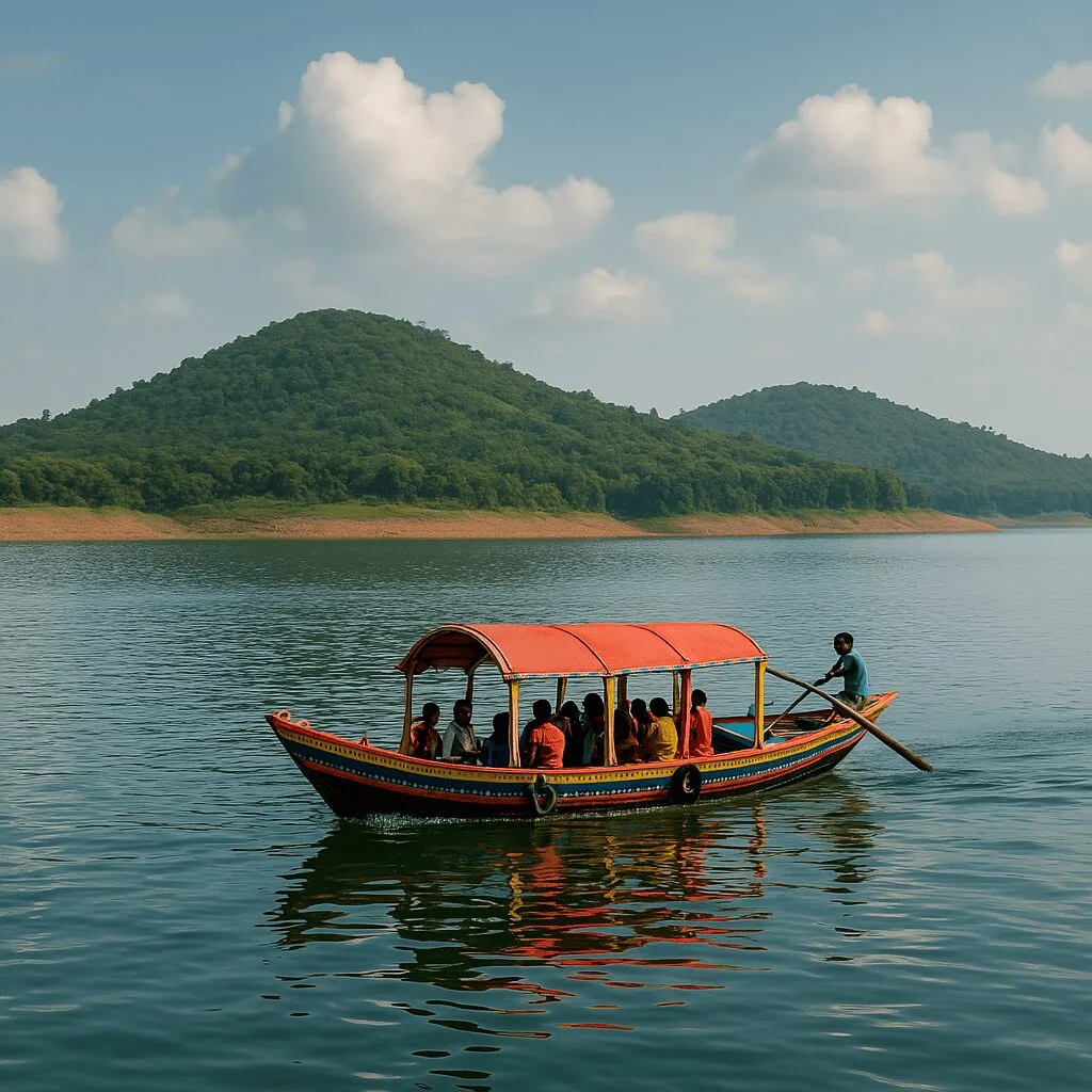Colorful boat with tourists sailing on calm waters of Mukutmanipur Dam surrounded by green hills.