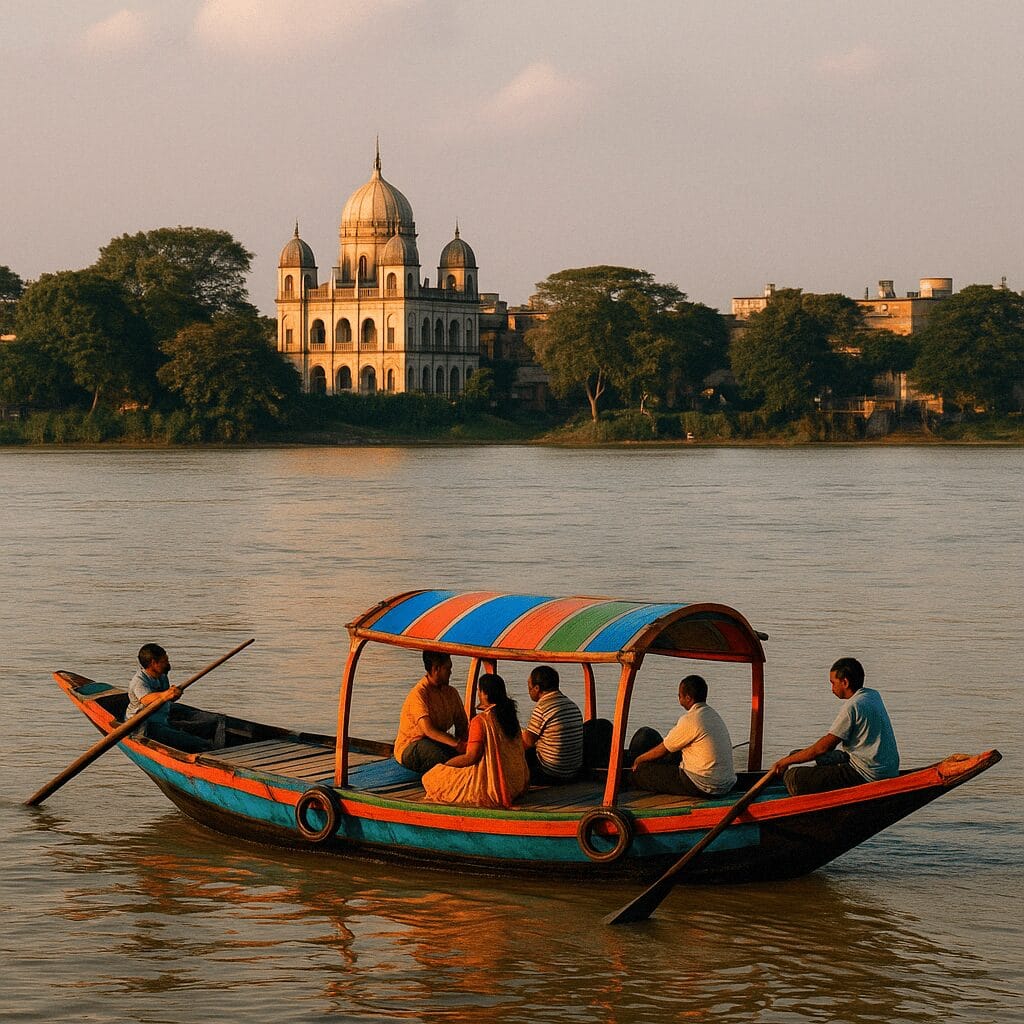 Traditional wooden boat with passengers rowing along the Hooghly River during sunset.