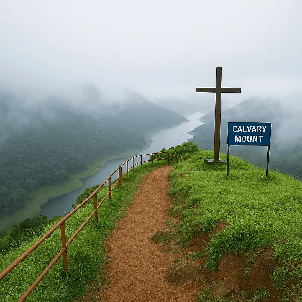 Viewpoint at Calvary Mount in Idukki with mist and valley views in the background.