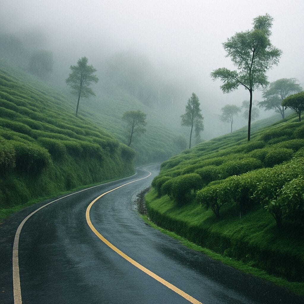 A winding mountain road snakes through misty, rain-soaked tea gardens under a cloudy sky.