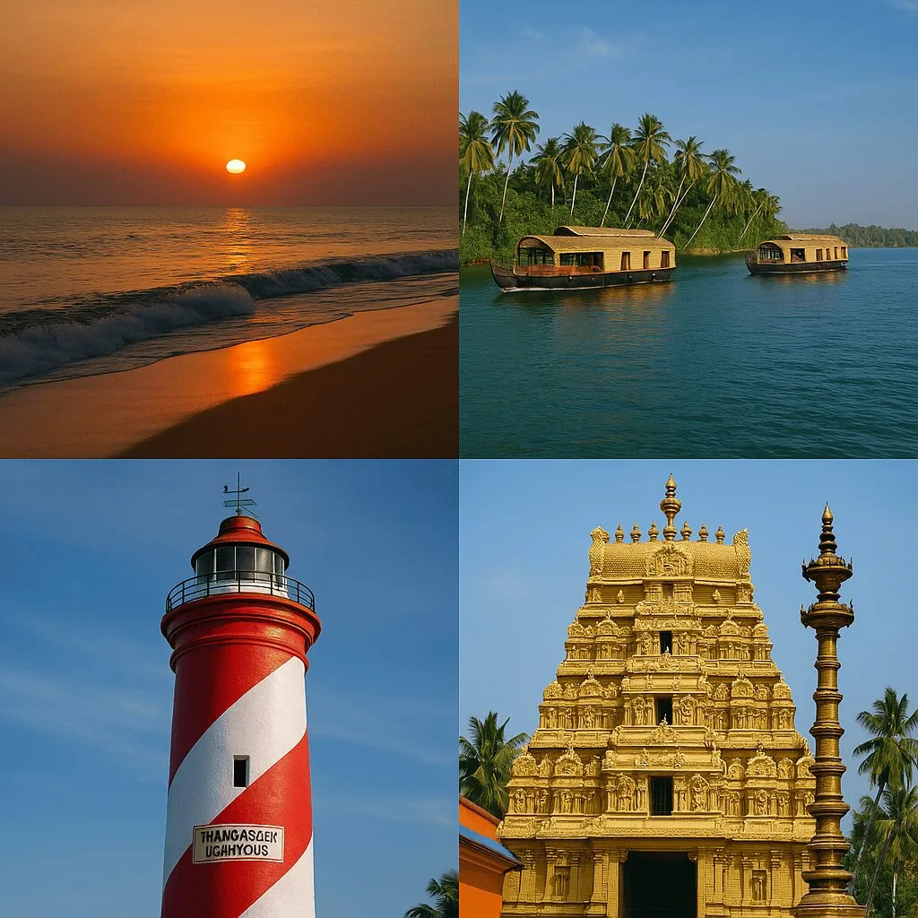 Collage featuring a Kollam beach sunset, Ashtamudi Lake houseboats, Thangassery Lighthouse, and a traditional Kerala temple.